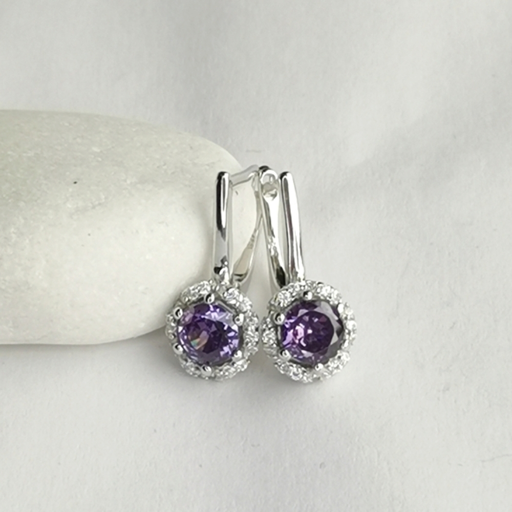 Amethyst cz halo earrings lever backs in Sterling Silver 🆕
